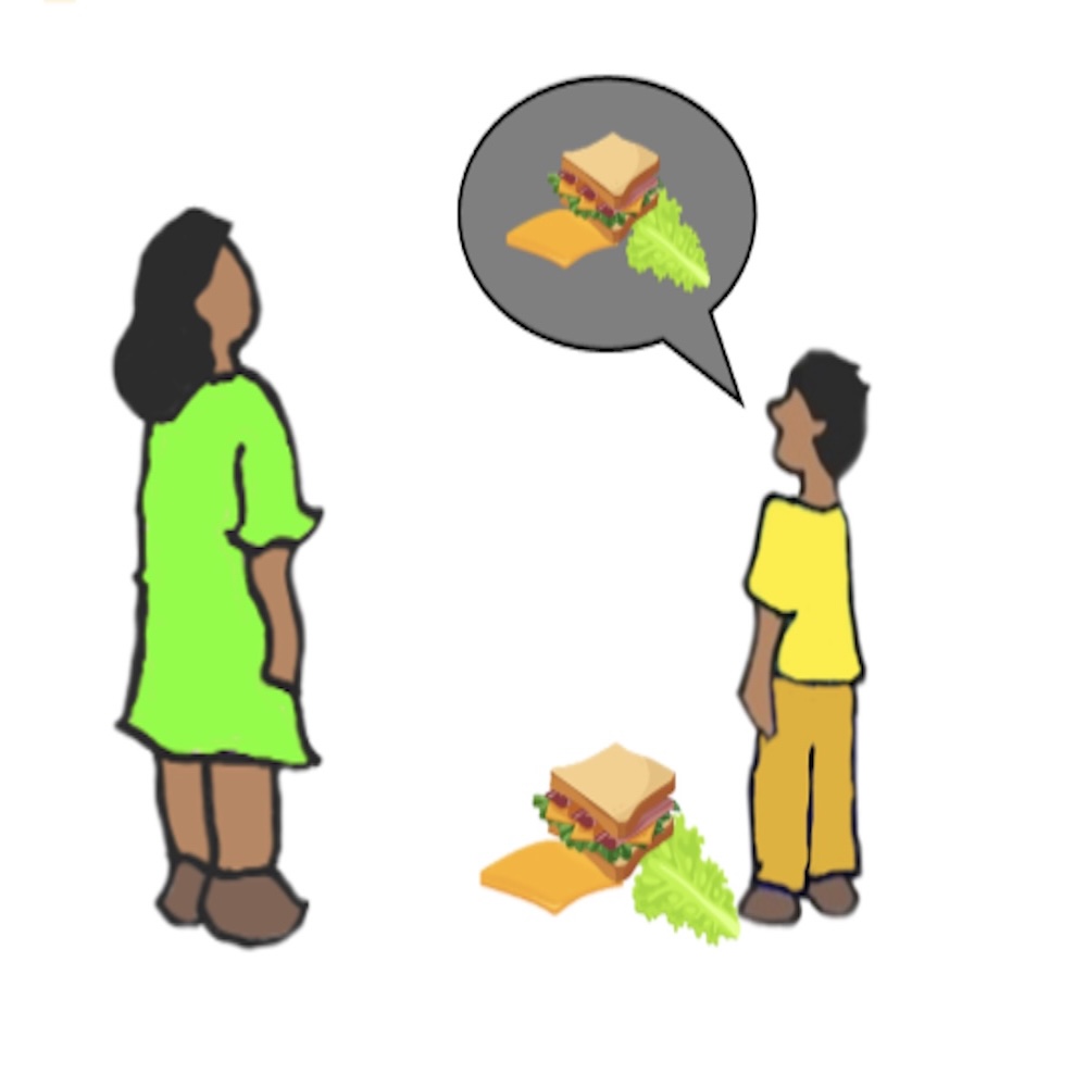Did the boy tell his mom the sandwich fell?
